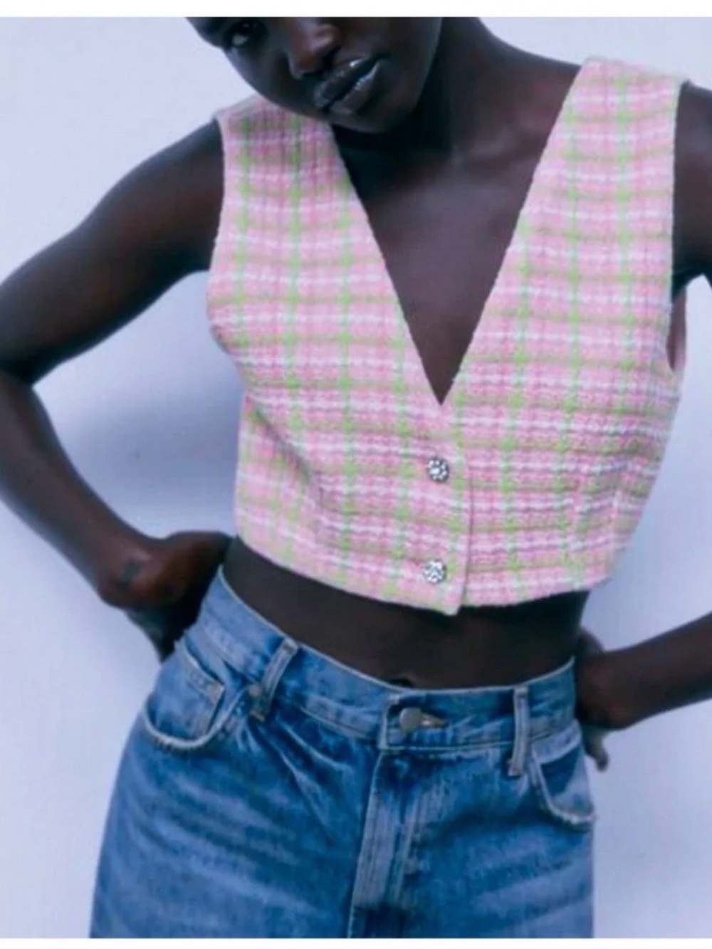 Zara Pink Plaid Tweed Cropped V-Neck Vest